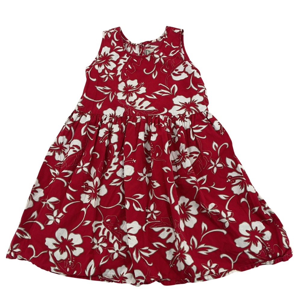 Hilo Hattie Hawaiian Dress Girls M Red Hibiscus Floral Cotton Sun Dress Vacation